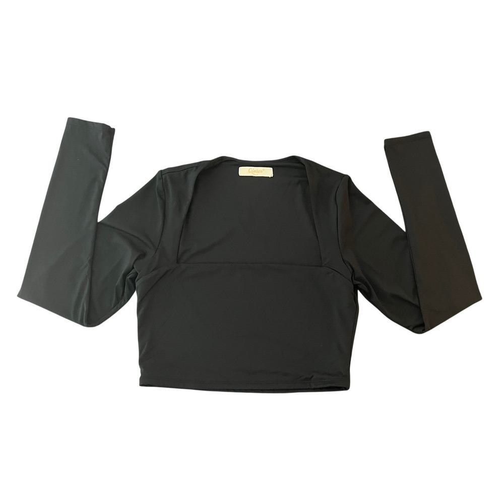Qinsen Womens Black Long Sleeve Square Neck Crop Top Size Medium Slim Fit (0992)